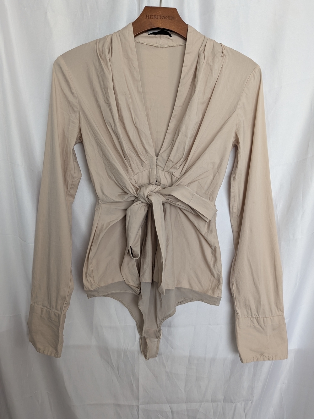 Pinko Beige Tie-Front Long-Sleeve Bodysuit